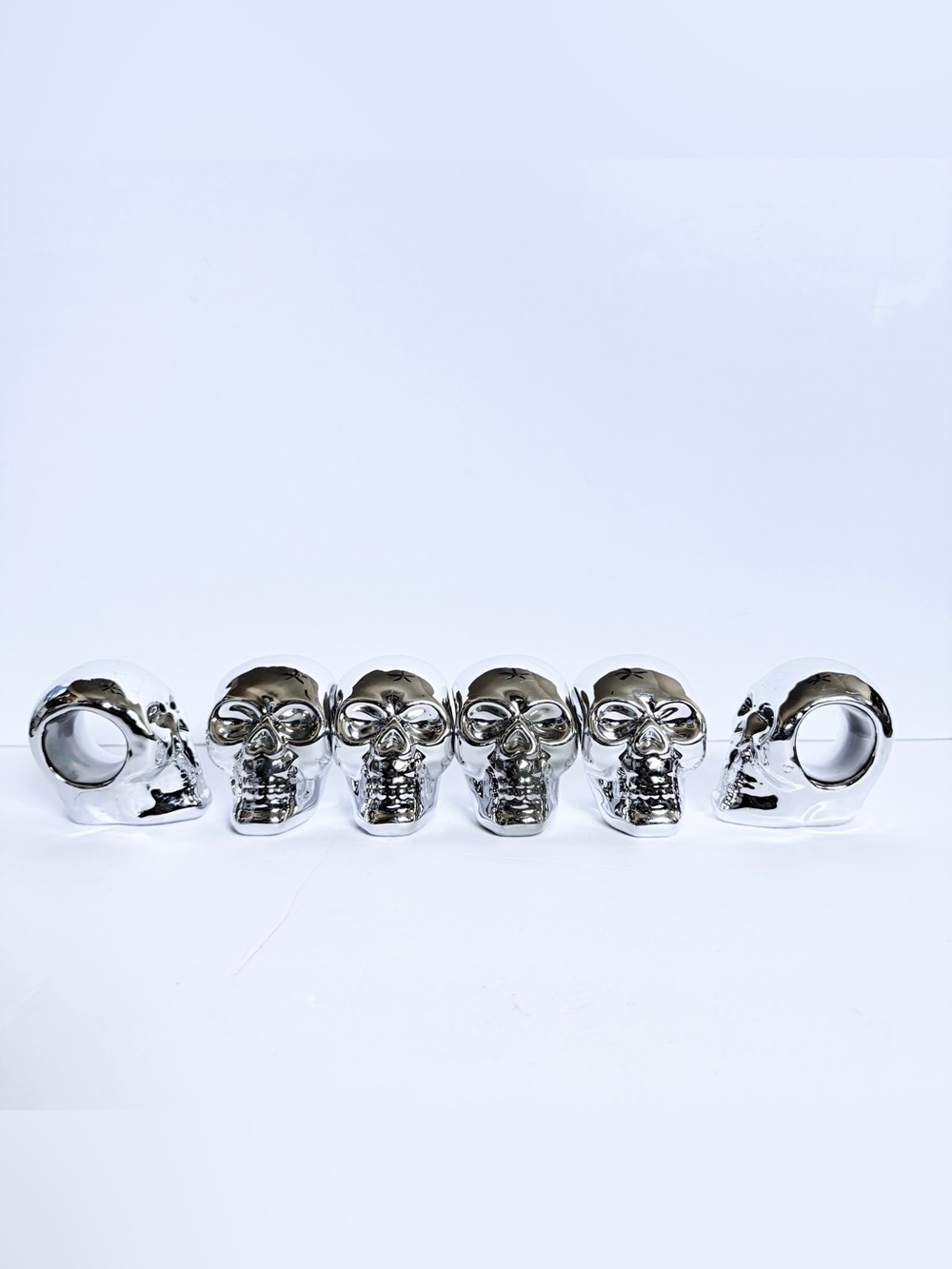 Oversized Chrome Mirror-Finish Skull Napkin Rings • Set of 6 Spooky Halloween